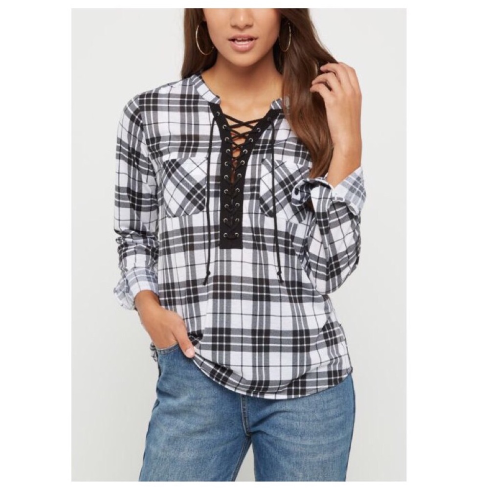 Rue 21 Black Plaid Print LaceUp Flannel Shirt XS/S